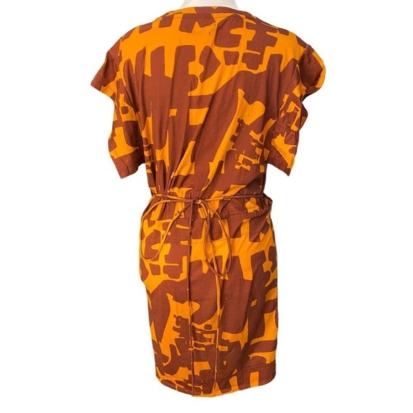 Isabel Marant Flessy Print Wrap Dress Crew Neck Cap Sleeve Orange Dark Brown XL - Picture 7 of 16